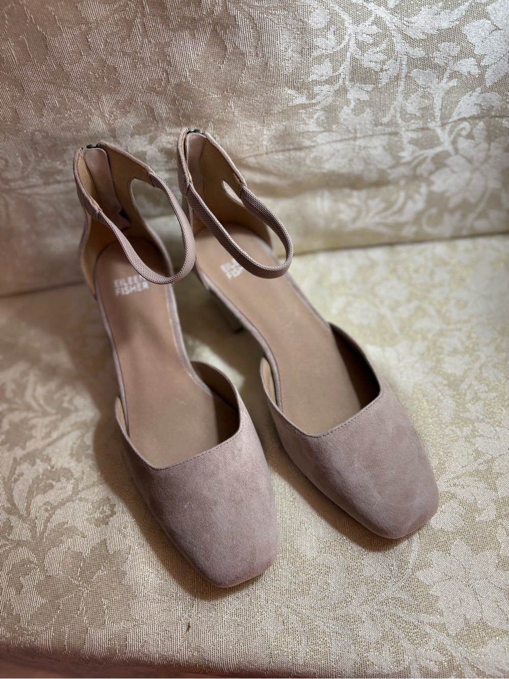 Eileen Fisher Blush Suede Square-Toe Ankle-Strap Heels